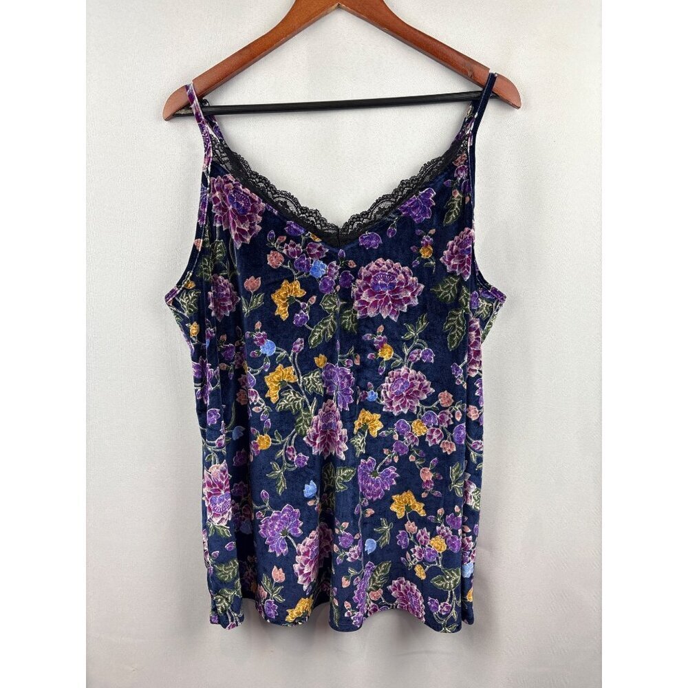 Women’s Torrid Size 1XL Blue & Multicolored Floral Printed Velvet Tank with Lace